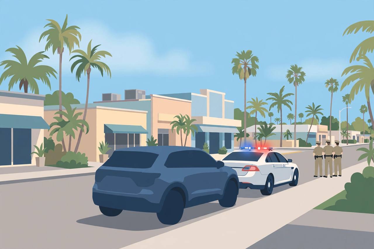 Editorial illustration of a generic SUV stopped beside a marked police patrol car with flashing lights on a Tampa street with palm trees