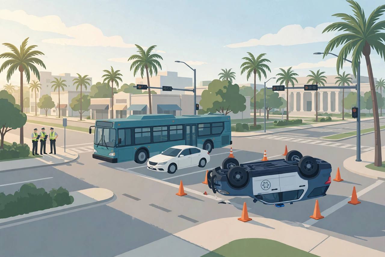 Editorial illustration of a Tampa intersection with an overturned police patrol vehicle, a city transit bus and a white sedan stopped nearby, and traffic investigators at a distance, flat style