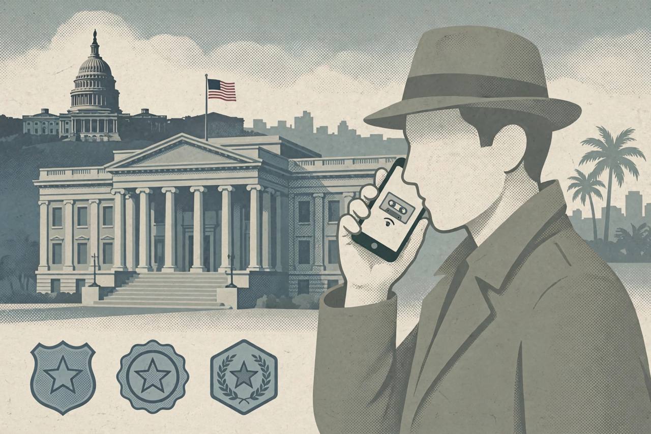 Editorial illustration of a Tampa federal courthouse, a phone voicemail symbol and a Capitol silhouette, flat style, no real person depicted
