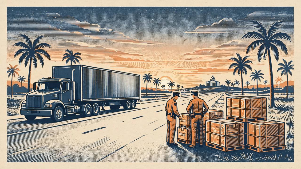 Editorial illustration of a generic semi-truck on a highway being inspected by generic officers beside sealed cargo crates, with palm trees and a courthouse in the distance