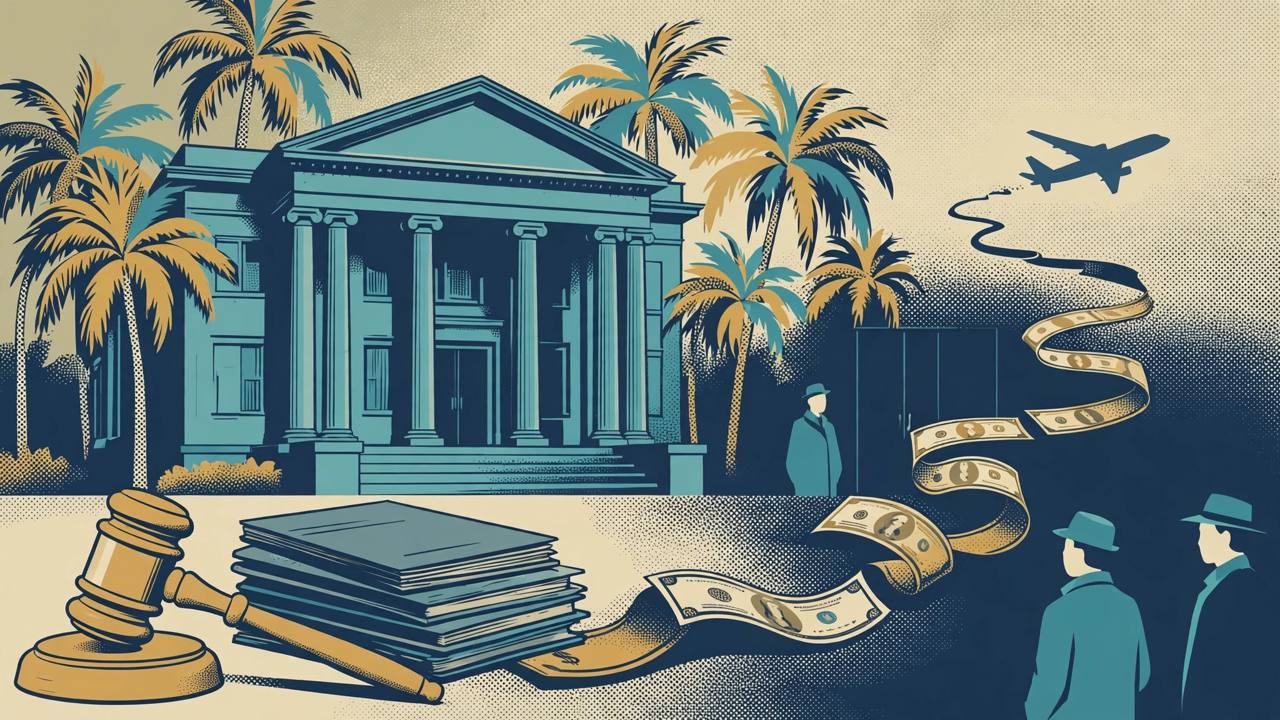 Editorial illustration of a Florida courthouse with palm trees, a gavel, a stack of blank travel documents and a winding trail of banknotes leading to an airplane silhouette