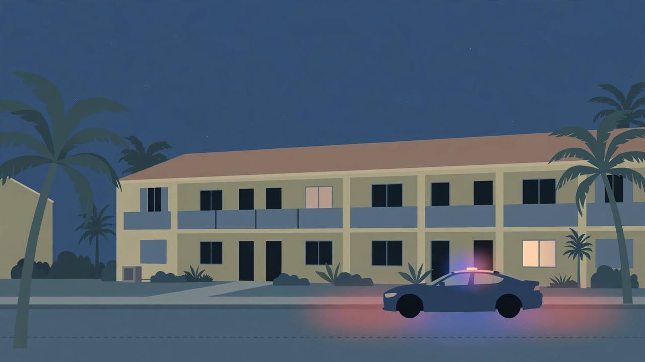 Editorial illustration of a Florida apartment complex at night with a police car parked outside