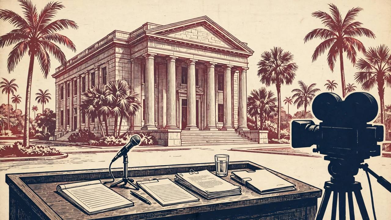 Editorial illustration of a generic federal courthouse in Florida with a deposition table and television camera