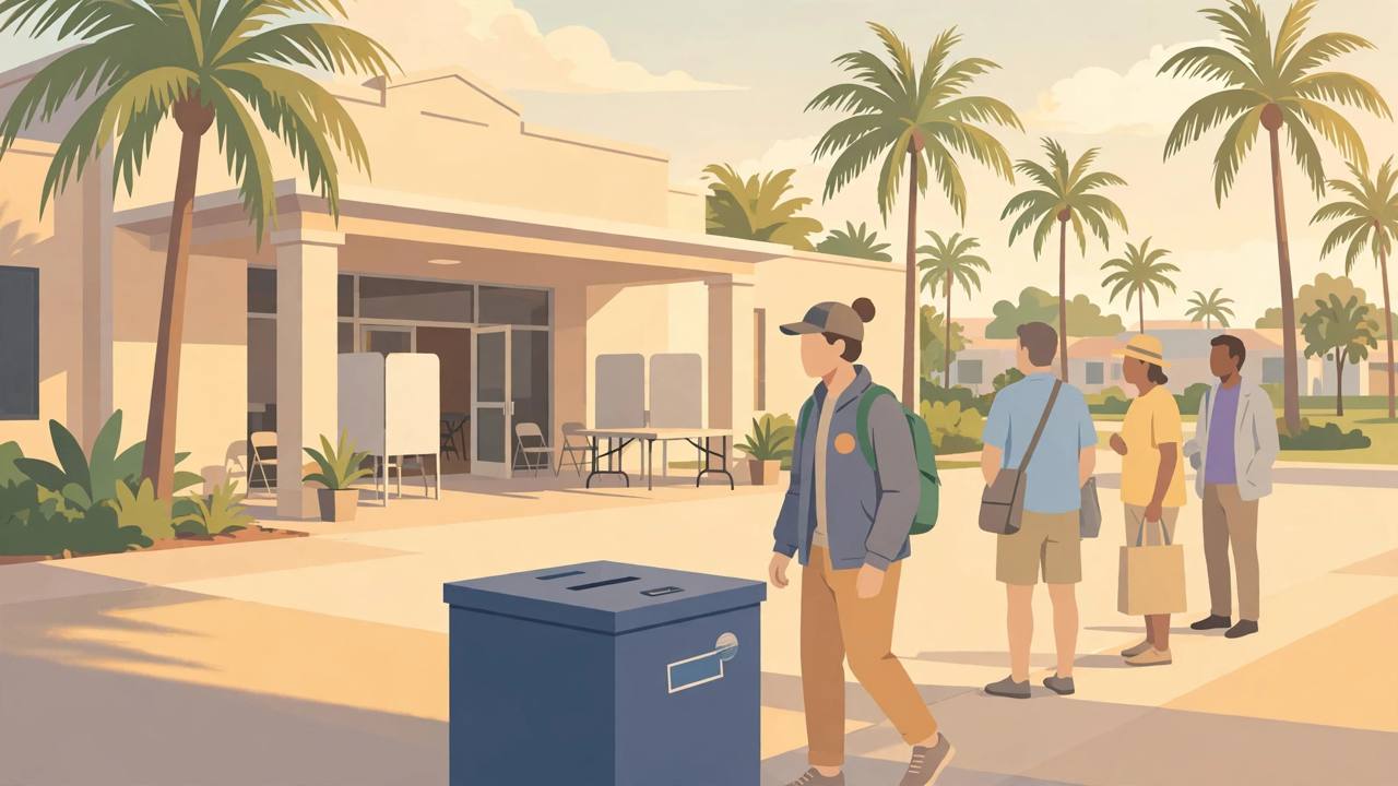 Editorial illustration of voters queueing outside a Florida polling place with palm trees and a ballot box in the foreground; generic figures only, no real person's face