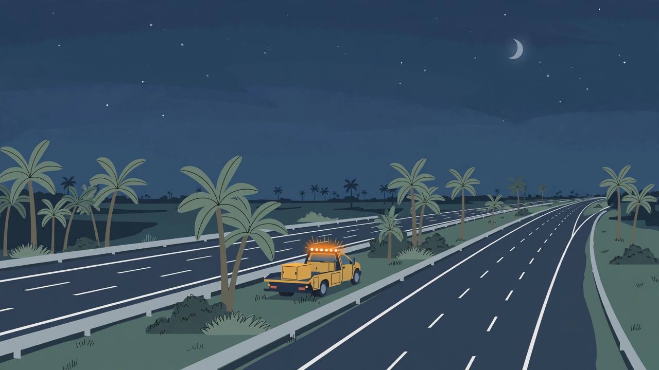 Editorial illustration of a Florida toll highway at night with palm trees and a roadside-assistance truck parked in the median with its amber lights on, flat style, no crash and no person depicted