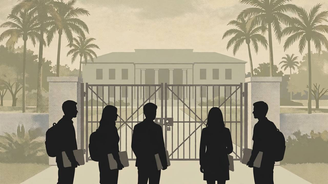 Editorial illustration of a generic Florida university gate with palm trees and silhouetted students holding blank folders, flat style, no text, no real person depicted