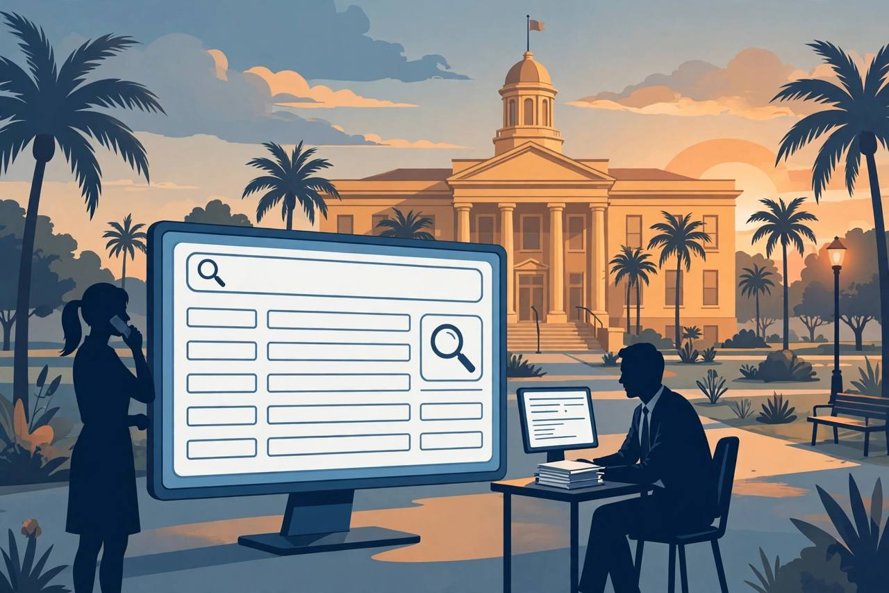 Editorial illustration of a Florida courthouse, palm trees and a large searchable records screen with generic silhouetted figures, flat style, no real person