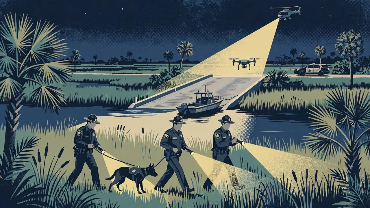 Editorial illustration of a nighttime search in Florida coastal wetlands, with deputies carrying flashlights, a police dog, a drone and a helicopter searchlight over palm fronds near a boat ramp