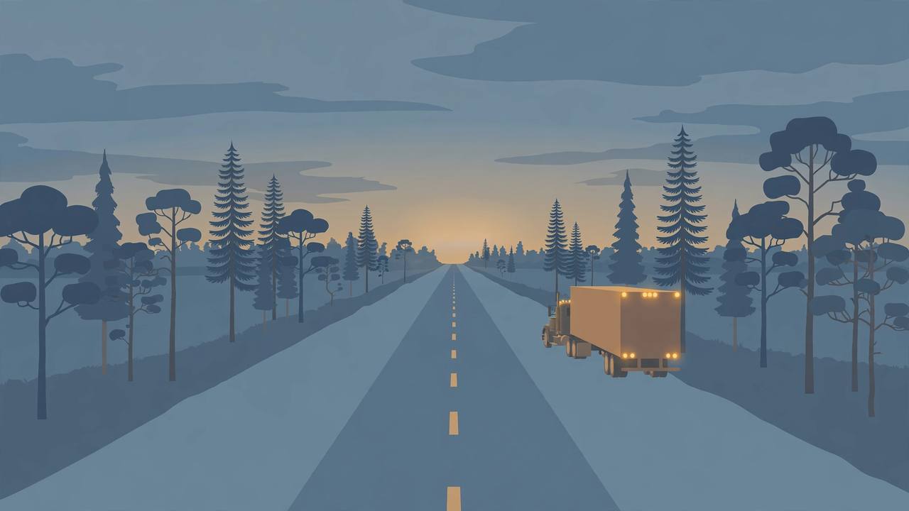 Editorial illustration of a quiet Florida interstate at dusk with pine trees and a generic semi truck parked on the shoulder in the distance, flat style, no crash depicted, no person depicted