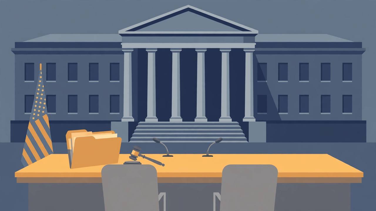 Editorial illustration of a generic federal courthouse behind a congressional witness table with microphones, a document folder and a gavel, flat style, no text