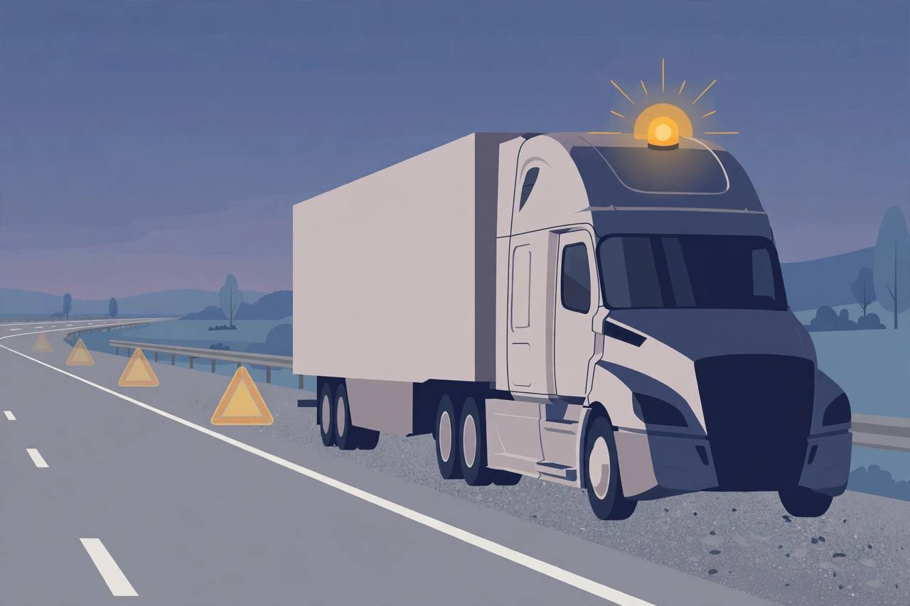 Editorial illustration of a driverless semi-truck stopped on a highway shoulder with a flashing amber beacon high on its cab — generic vehicle, no real person's face