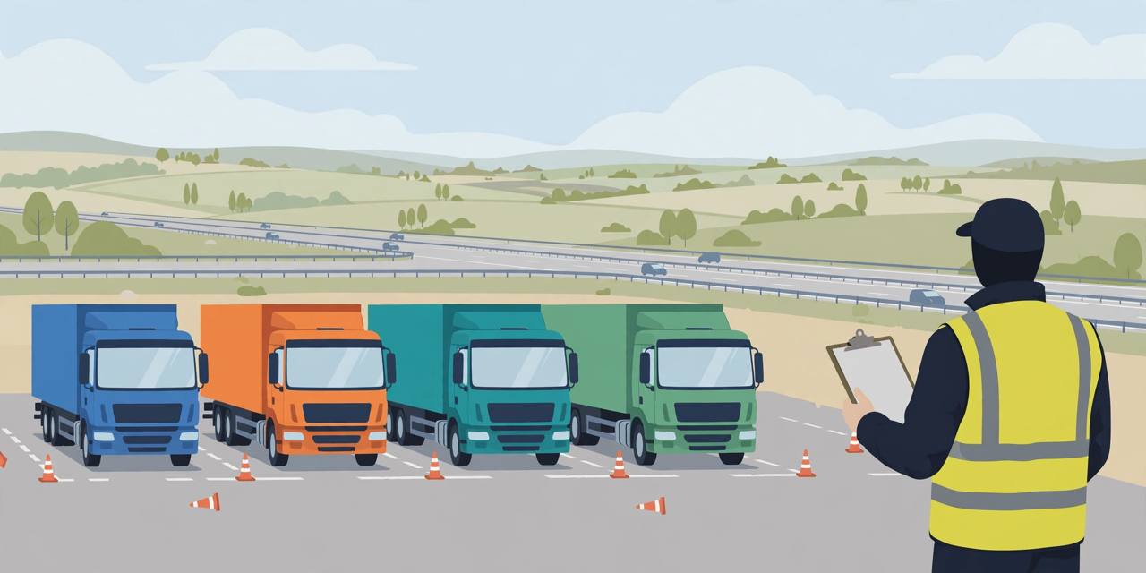 Editorial illustration of semi trucks in a row at a truck driving training yard