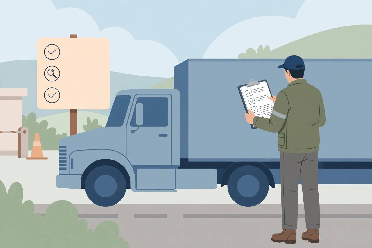 Editorial illustration of a truck driver reviewing documents beside a parked semi-truck at a highway inspection station — generic figures, no real person's face