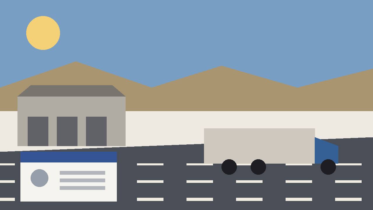 Editorial illustration of a semi truck on a highway beside a generic driver licence card, flat style, no real person