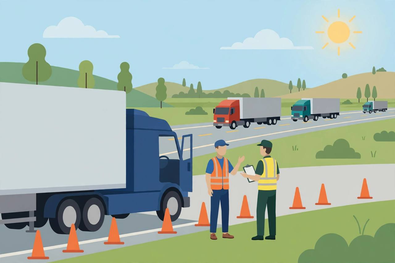 Editorial illustration of a generic truck driver speaking with a roadside inspector beside a semi truck, flat style, no text, no real person depicted