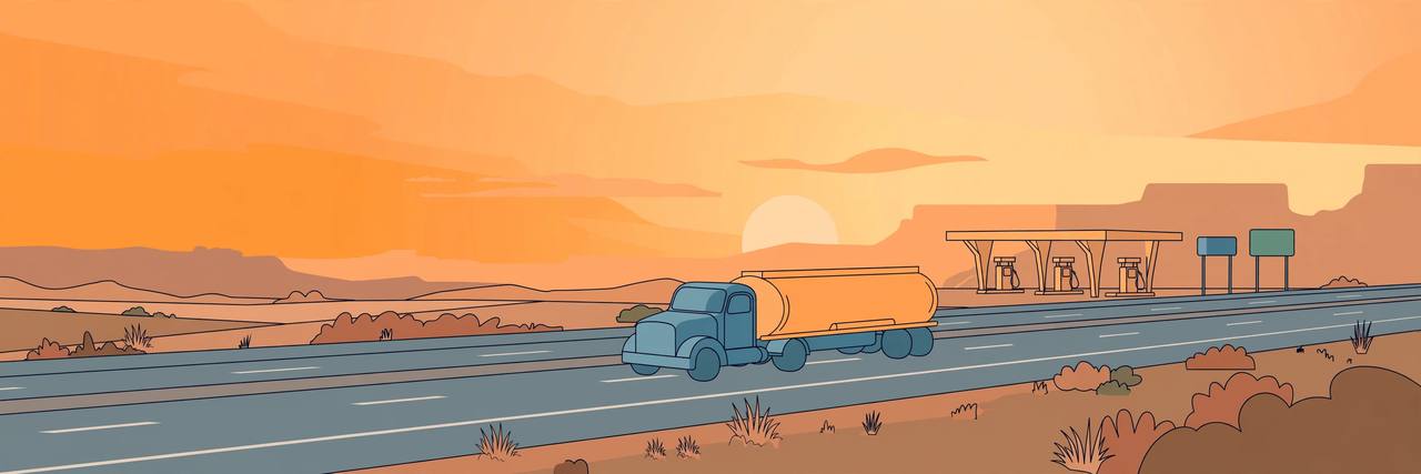 Editorial illustration of a fuel tanker truck on an American interstate highway at dawn, flat style, no real person