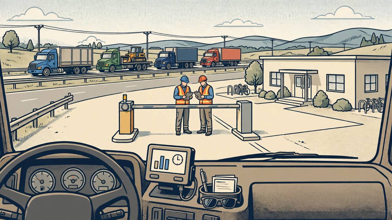 Editorial illustration of semi trucks on a highway, generic officials checking a driver training facility gate, and an electronic logging device on a truck dashboard