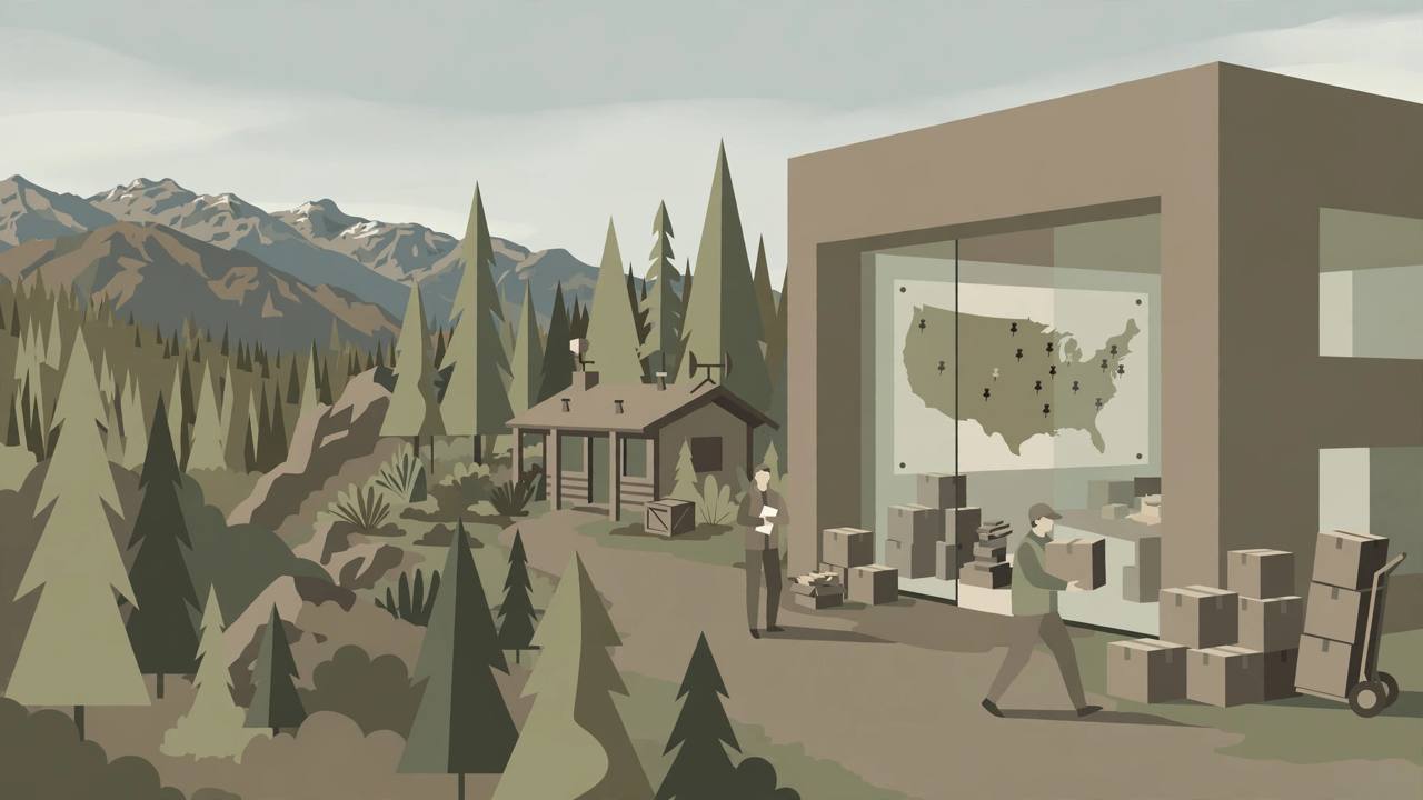 Editorial illustration of a western national forest with pine trees, a research station and moving boxes symbolizing a Forest Service reorganization, flat style, no real person depicted
