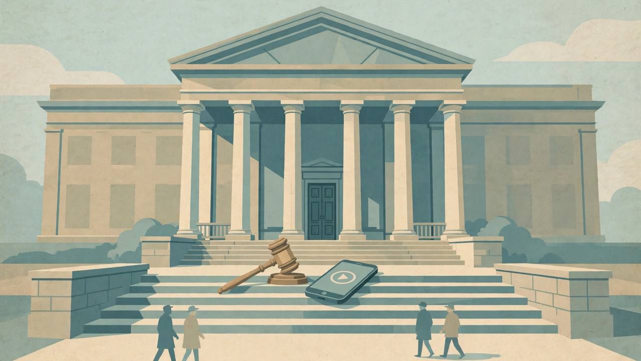 Editorial illustration of a generic federal courthouse with a gavel and a smartphone showing a generic video symbol on the steps as evidence