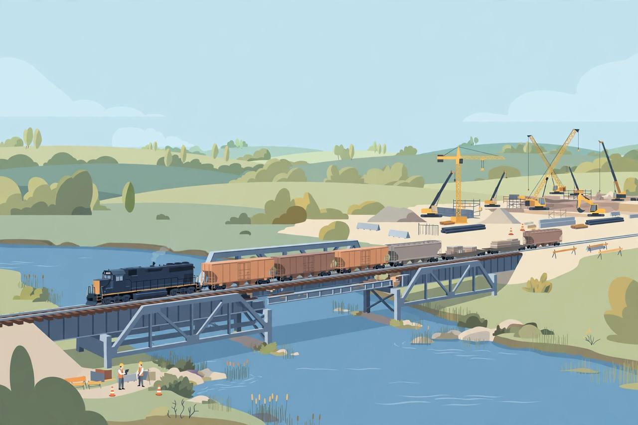 Editorial illustration of a generic American freight train crossing a repaired railroad bridge, flat style, no real person's face