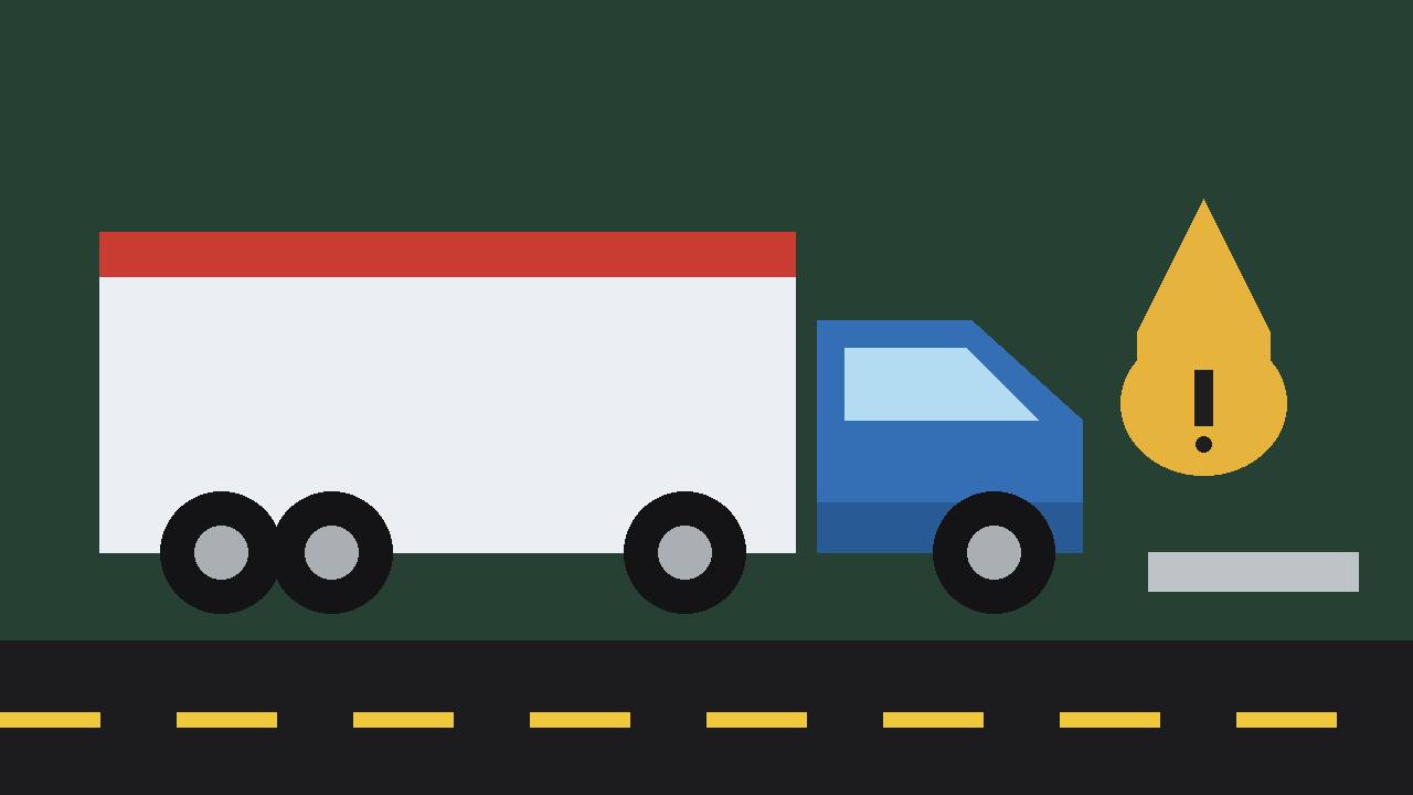 Editorial illustration of a semi truck with a fuel-drop warning symbol, representing the Freightliner and Cummins L9 fuel hose recall
