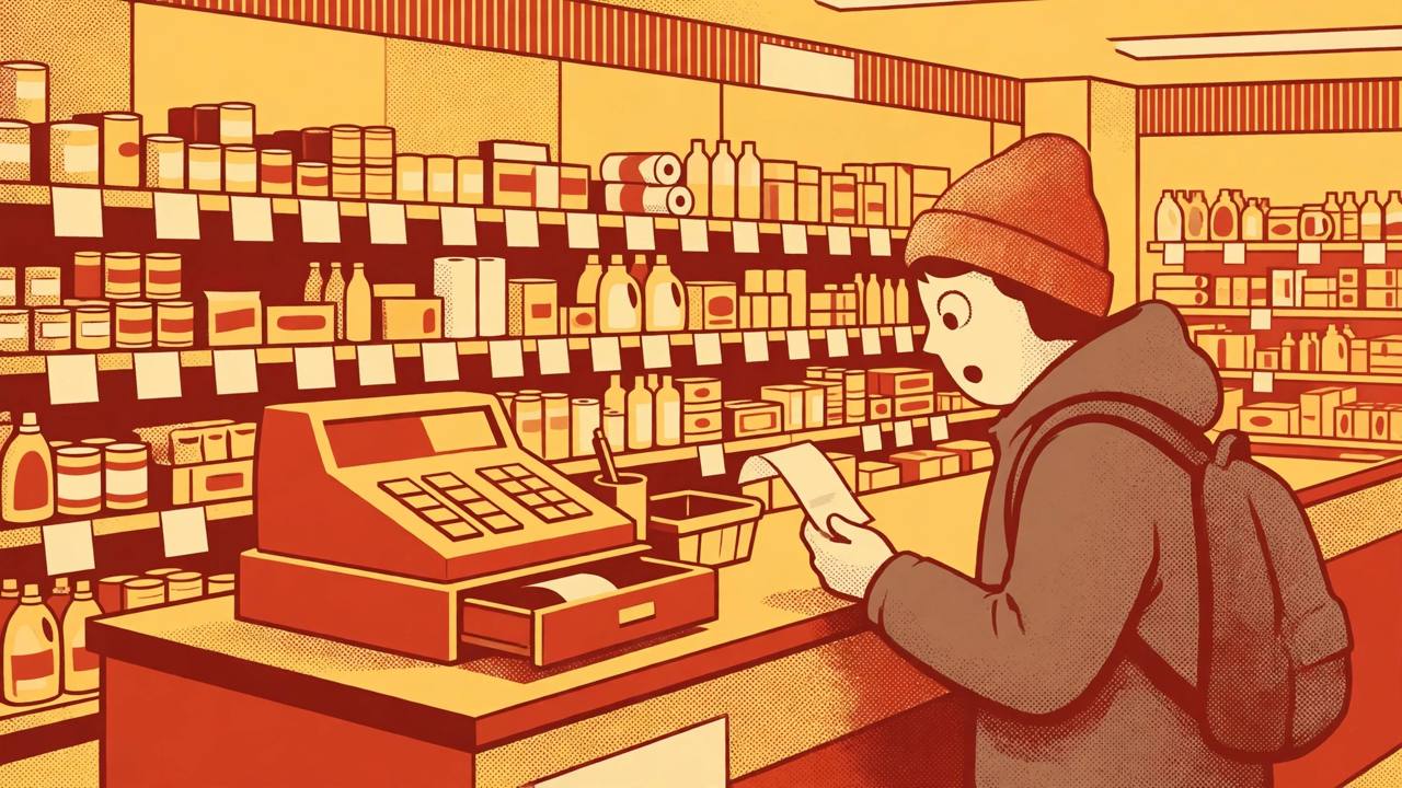 Editorial illustration of a surprised shopper reading a receipt at a discount-store checkout, with stocked shelves and blank price tags behind, flat style, no text