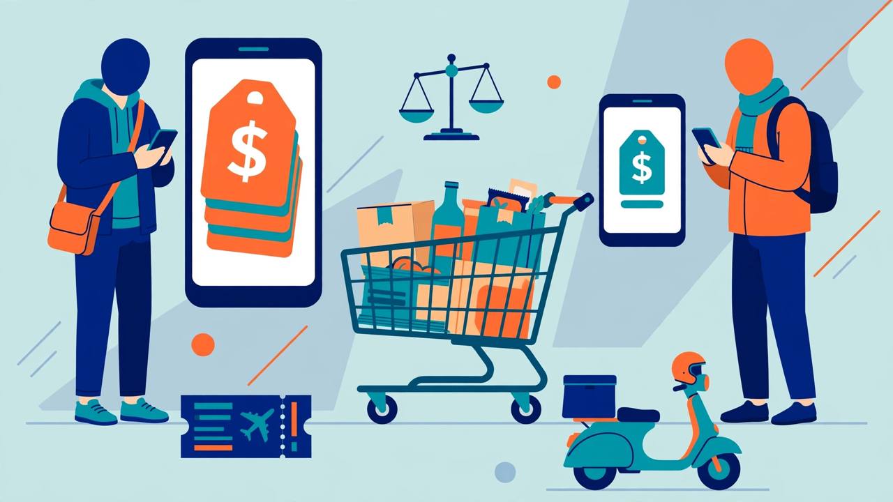 Editorial illustration of two shoppers holding smartphones with different price tags for the same shopping cart, beside an airplane ticket and delivery scooter