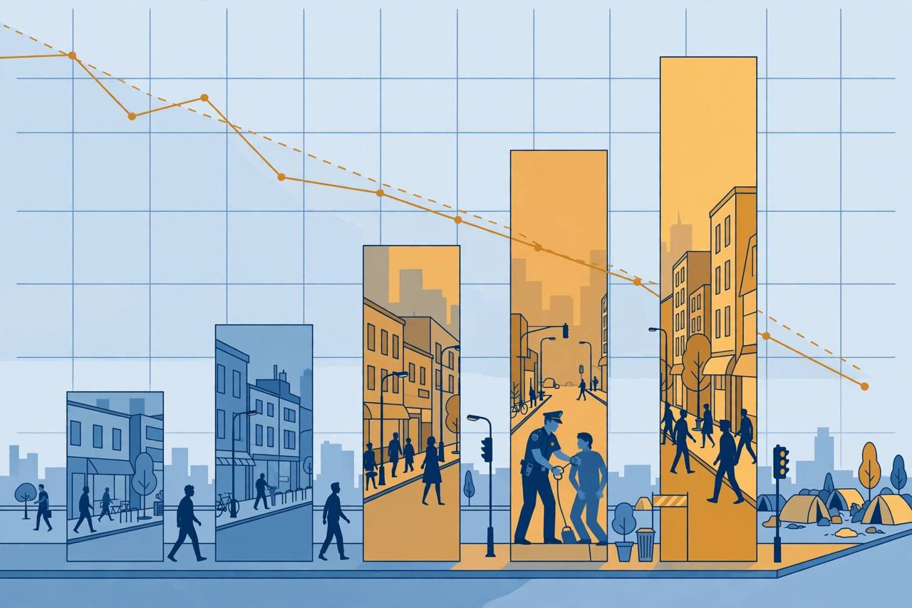Editorial illustration of rising bar charts over a city street with generic figures, police officers and a tent encampment in the distance