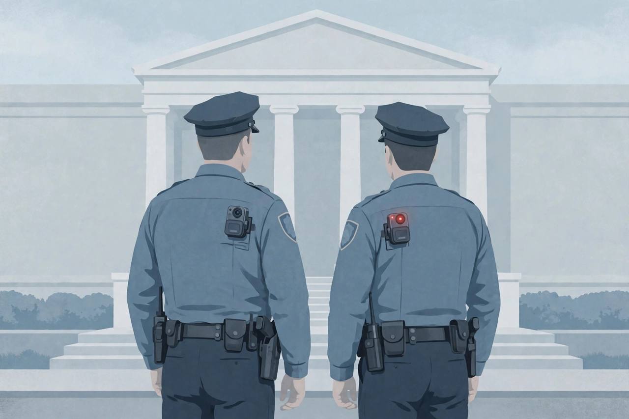 Editorial illustration of generic federal officers with body-worn cameras in front of a government building, flat style, no real person