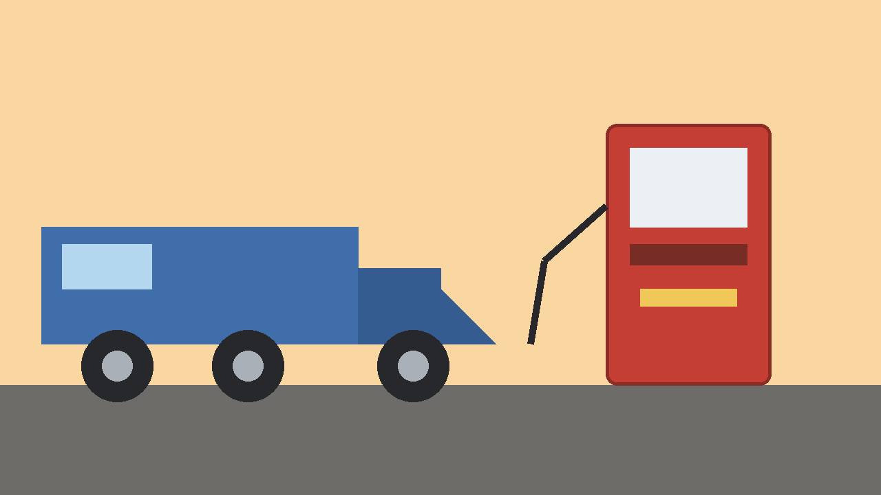 Editorial illustration of a generic semi truck beside a fuel pump, flat style, no real person or place depicted, no text