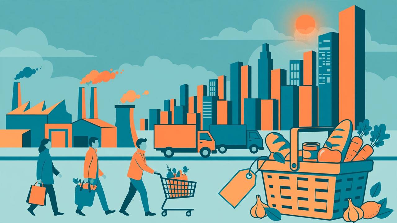 Editorial illustration of an American city skyline with factories, delivery trucks and shoppers, with building shapes rising like a bar chart