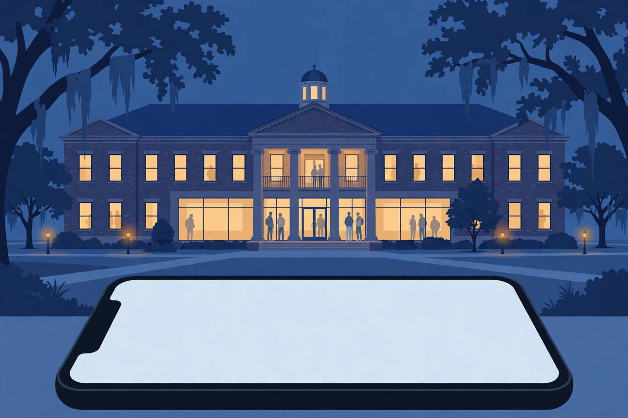 Editorial illustration of a university campus building at night in Georgia, with students safely indoors and a blank emergency-alert phone screen in the foreground; no incident is depicted