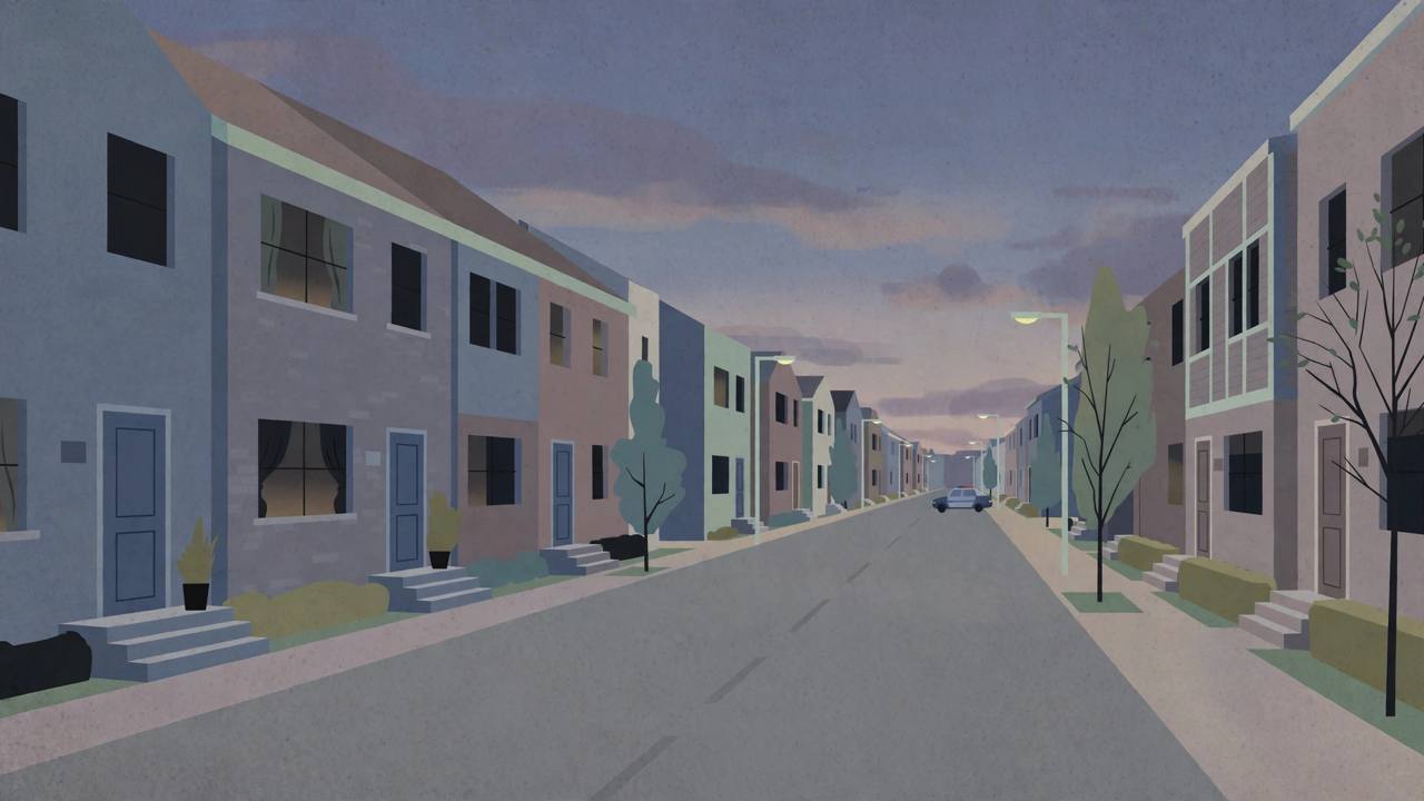 Editorial illustration of a quiet residential street in Atlanta at dusk with generic townhouses, flat style, no child or person depicted, no crime scene