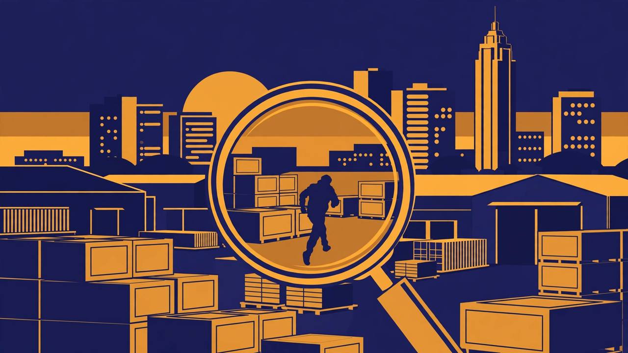 Editorial illustration of a manhunt in Atlanta: a magnifying glass over a silhouetted figure against the city skyline and warehouse crates