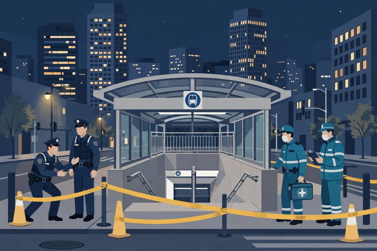 Editorial illustration of a downtown Atlanta transit station entrance at night with generic police officers and paramedics behind a cordon; the shooting itself is not depicted