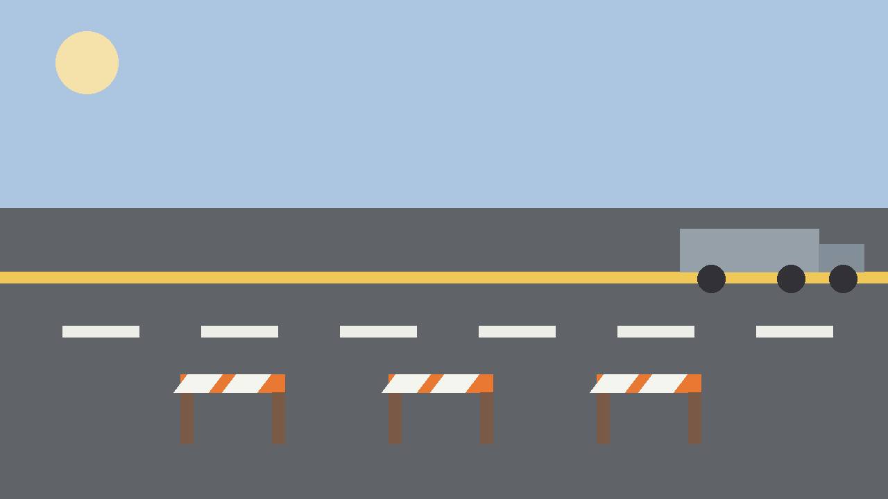 Editorial illustration of a generic multi-lane highway closed with plain barriers and a generic truck, flat style, no people, no text, no real place depicted