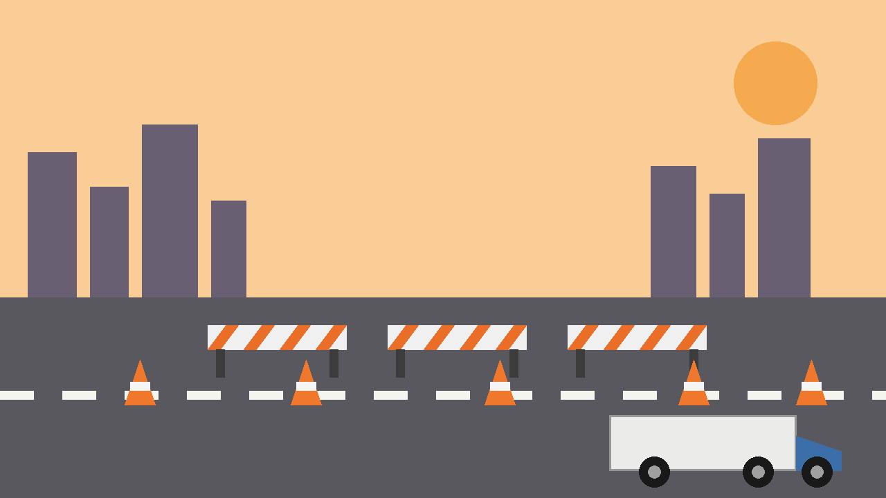 Editorial illustration of a closed interstate highway at dusk with striped barriers, traffic cones and a generic semi truck turning away toward a city skyline, flat style, no real person depicted