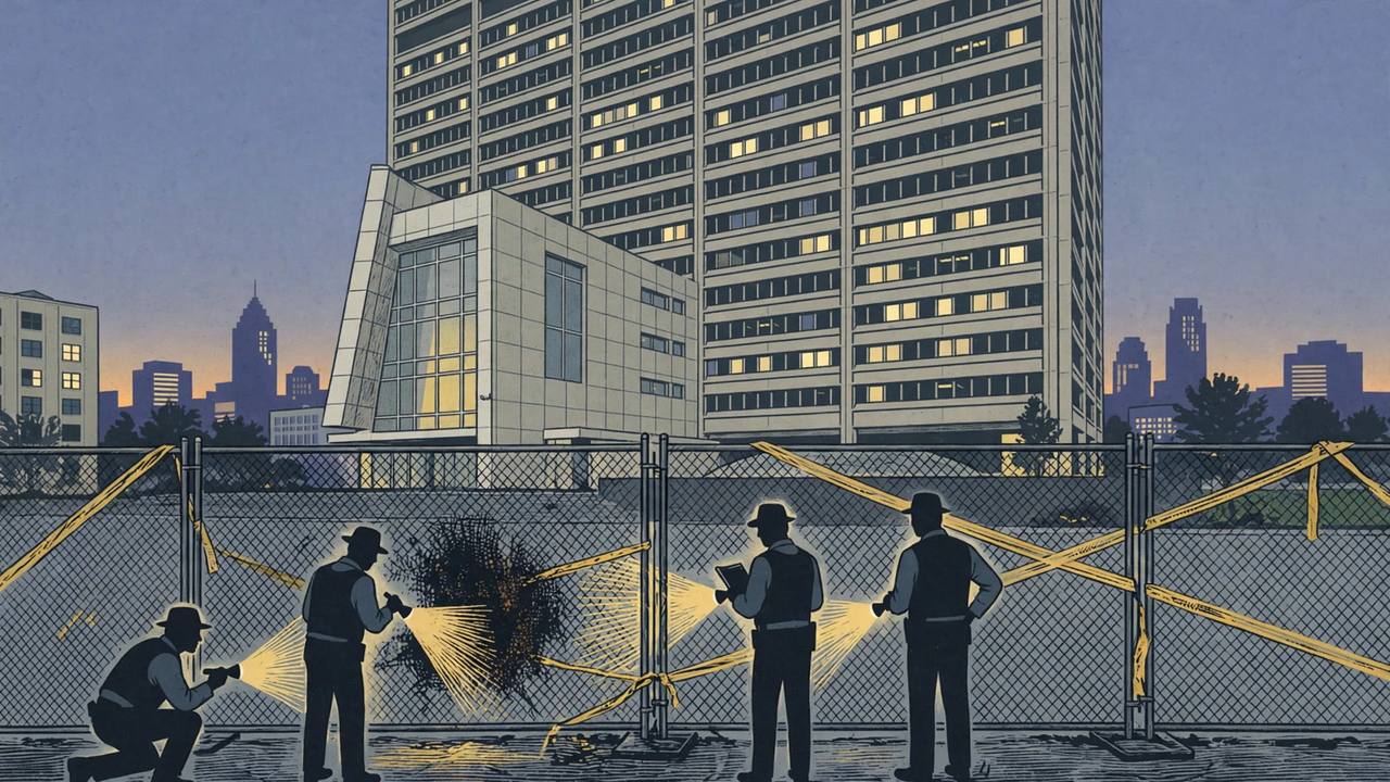 Editorial illustration of a downtown Atlanta federal office building behind a perimeter fence at dusk with generic investigators examining a scorched spot, no real person depicted