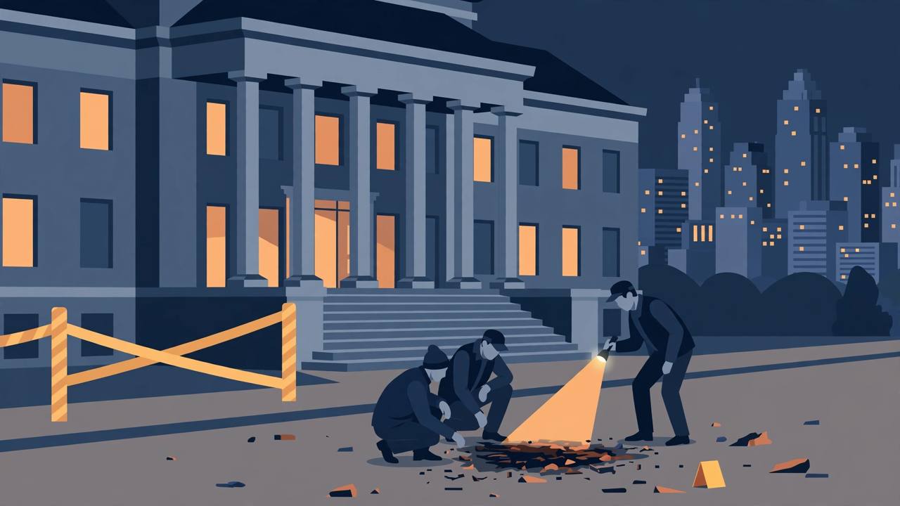 Editorial illustration of investigators examining scorch marks and debris outside a downtown federal office building at night in Atlanta, with caution tape and the city skyline behind