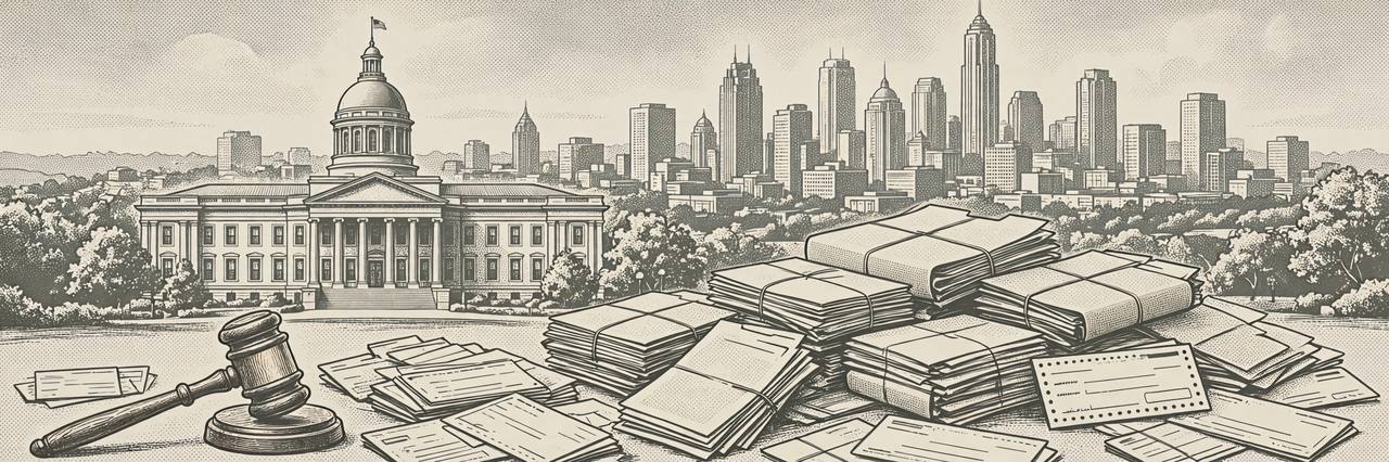 Editorial illustration of a generic federal courthouse in Atlanta, Georgia, with the city skyline, a judge's gavel and small-business loan files, no people and no text