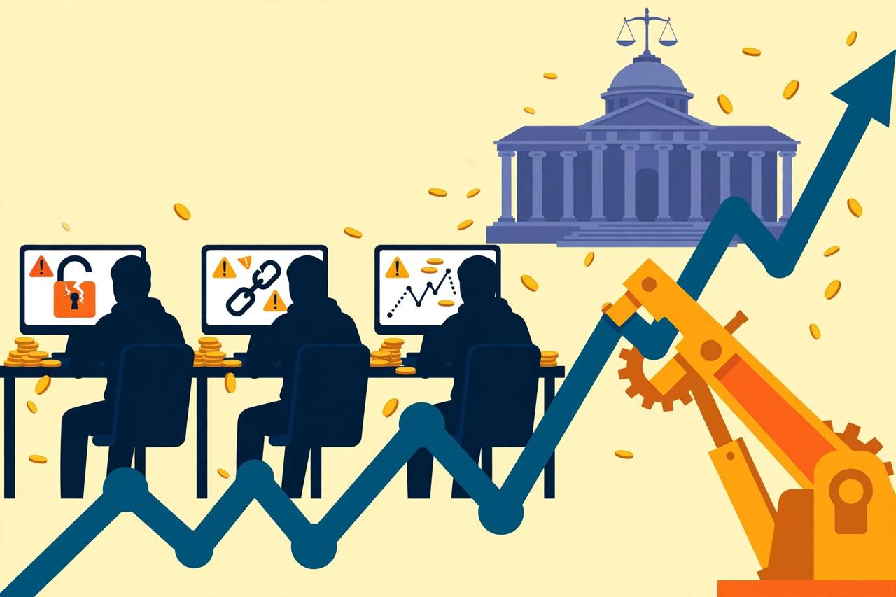 Editorial illustration of a stock chart being pushed upward, generic silhouetted figures at computer screens and a courthouse in the background, flat style, no real person depicted, no text