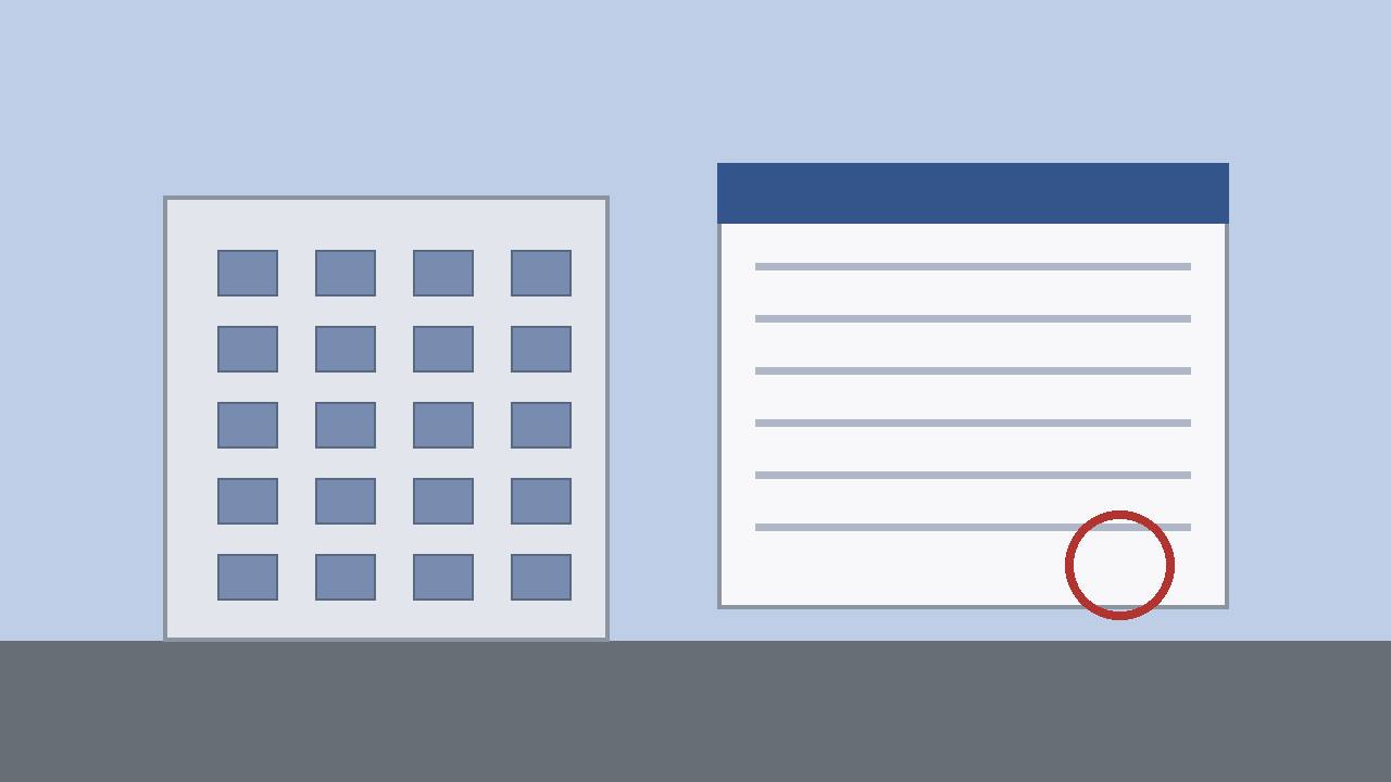 Editorial illustration of an office building and an oversized blank tax document with a seal, flat style, no real person, place or incident depicted, no readable text