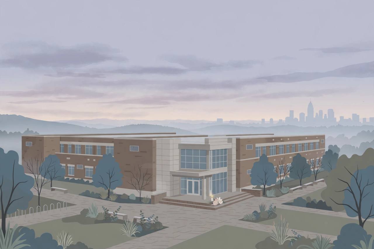 Editorial illustration of a college campus building in Atlanta at dawn with flowers placed quietly near the entrance