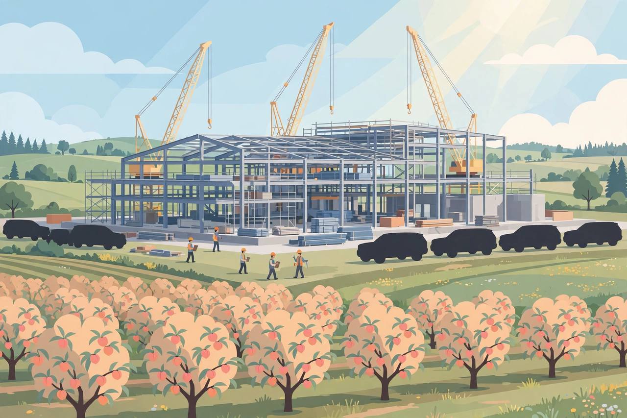 Editorial illustration of a large SUV assembly plant under construction in rural Georgia with cranes, a steel frame and peach orchards in the foreground; no logos and no real person's face