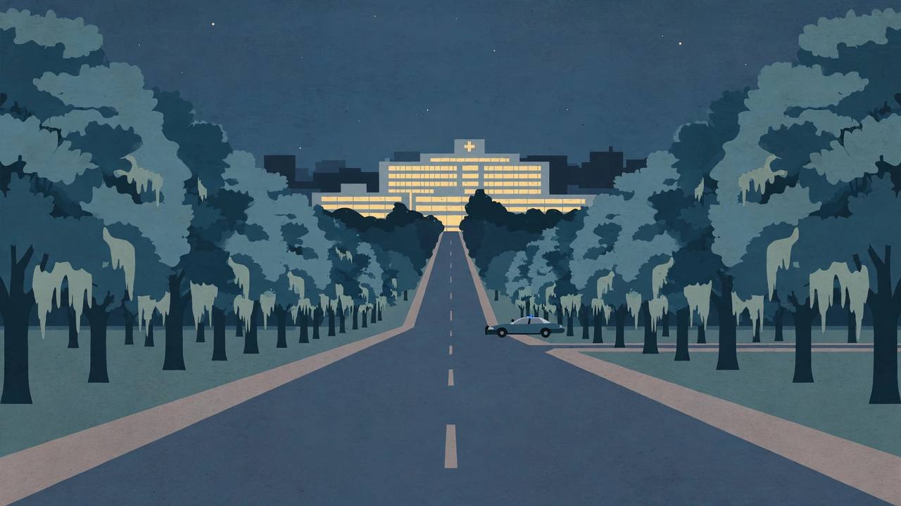Editorial illustration of a quiet tree-lined parkway at night in Augusta, Georgia, with a patrol car parked at a distance and a hospital glowing in the far background; no incident depicted