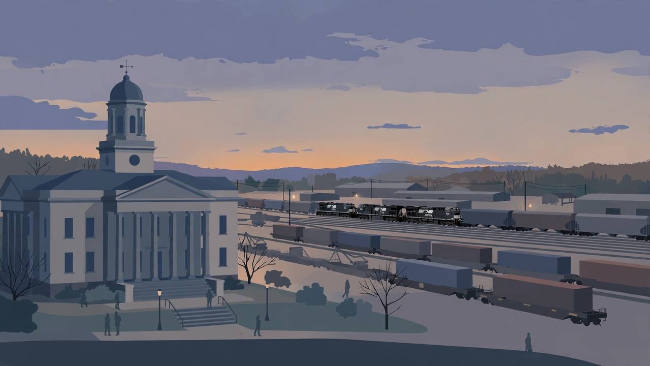 Editorial illustration of a Georgia courthouse at dusk with a freight rail yard in the background