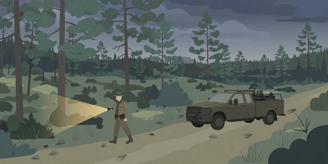 Editorial illustration of a game warden with a flashlight patrolling a rural Georgia woodland at dusk beside a patrol truck; the shooting itself is not depicted