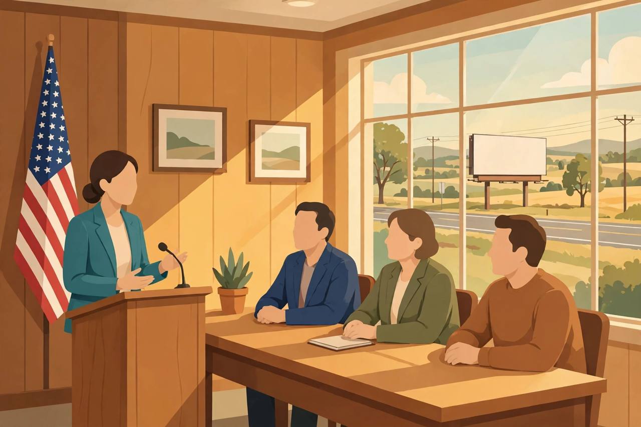 Editorial illustration of a woman speaking at a public-comment podium in a small county commission meeting room in rural Georgia