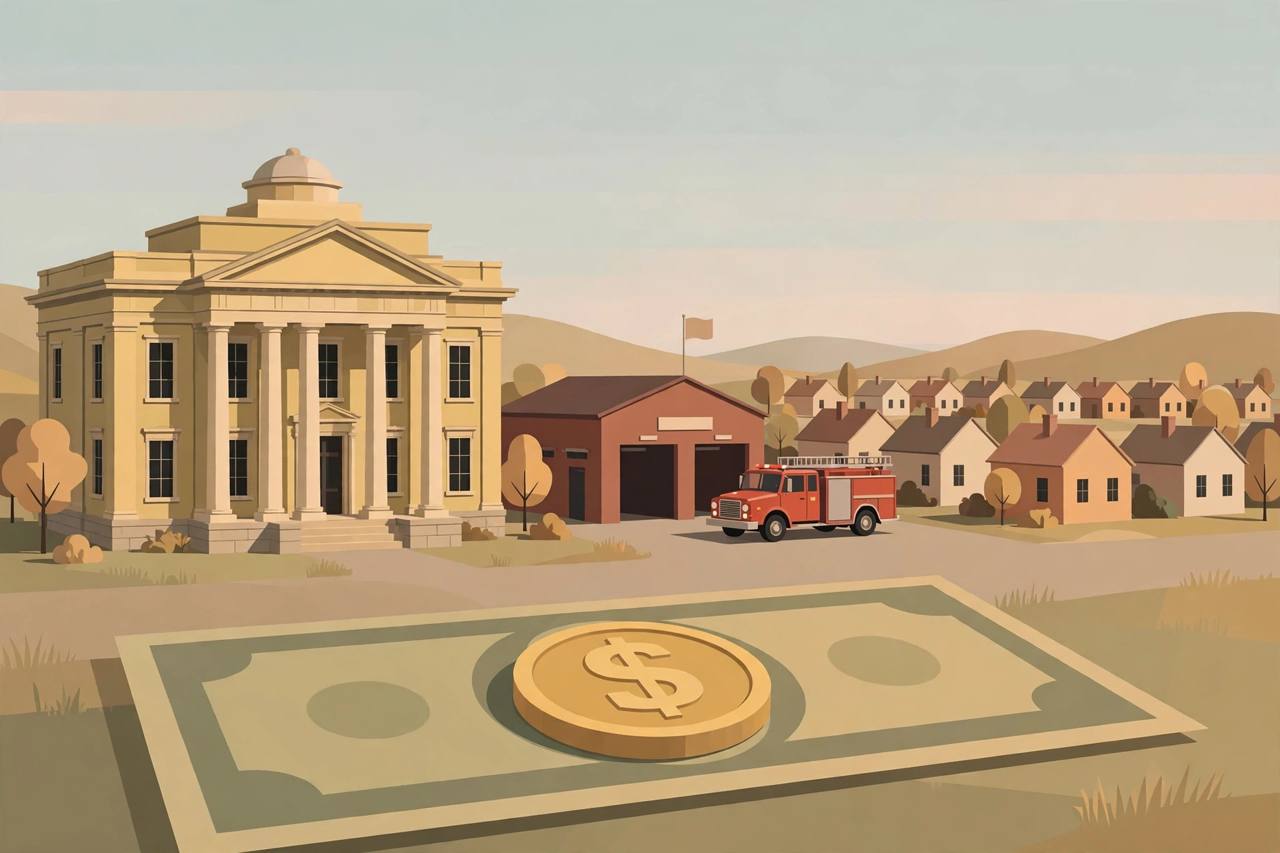Editorial illustration of a Georgia courthouse, a red fire truck by a fire station and simple houses, flat style, no text, no real person or place depicted