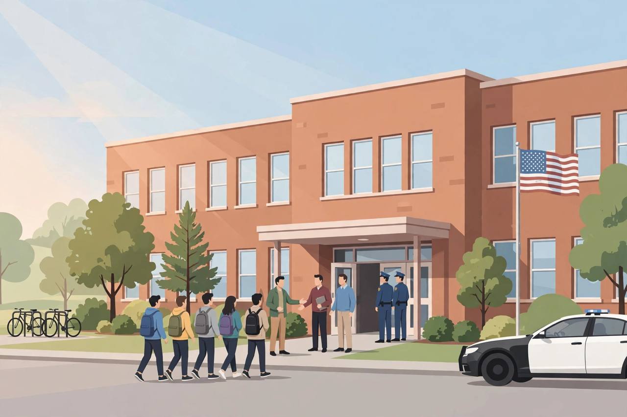 Editorial illustration of a Georgia high school entrance with a calm police presence and staff welcoming students